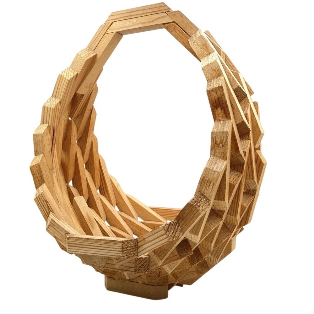 Vintage MCM Handmade Wood Geometric Block‎ Basket Bowl Mid Century Decor